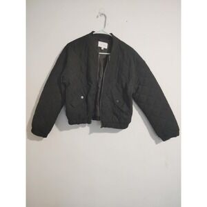Love Tree Women's Black Quilted Bomber Jacket Full Zip Ribbed Trim Women's Small